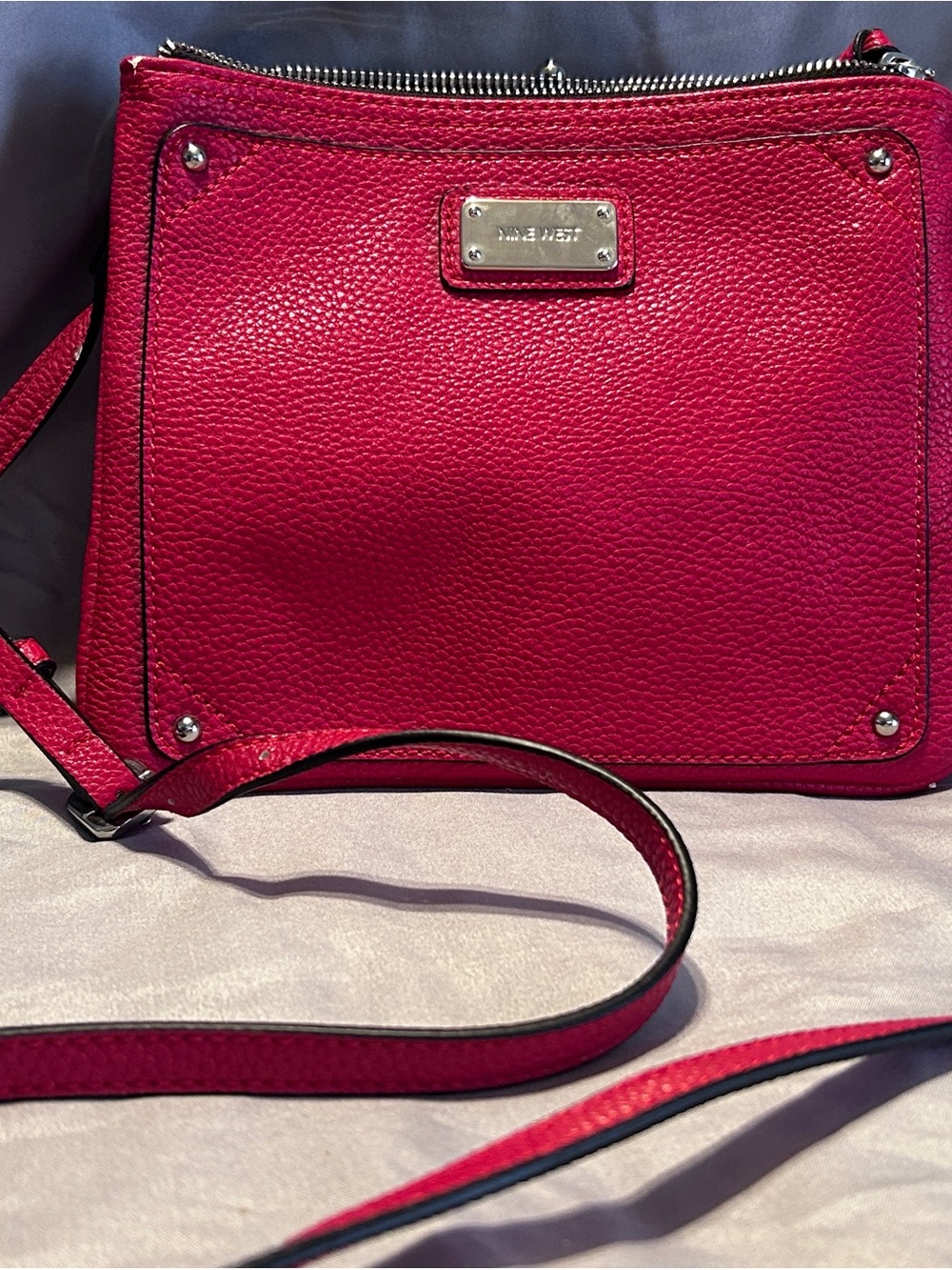 Nine West Bright Red Pebbled Leather Crossbody with Silver Plate